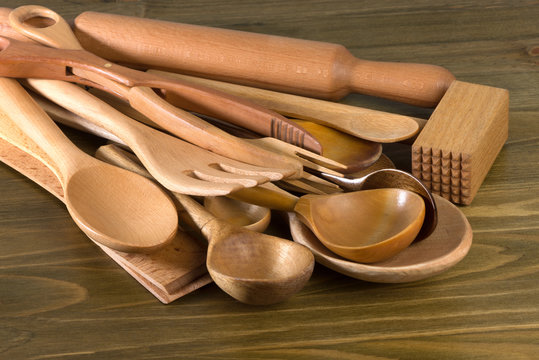 Set of the wooden kitchen utensils