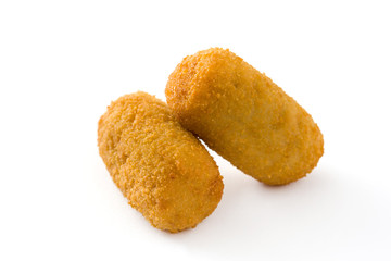 Traditional fried Spanish croquetas (croquettes) isolated on white background
