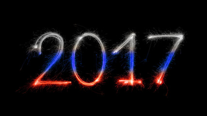 Happy New Year Russia - 2017 with sparklers on black background. Flag of Russia