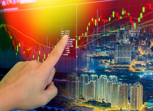 Double exposure of stocks market chart concept with city scape hong kong background,