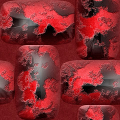 Abstract seamless 3d pattern of round red nuggets. Mosaic tiled pattern of scratched red and black bars on a grained red background