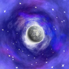 Night sky with glowing moon, stars and nebula. Dark blue, purple and pink background with silver celestial body