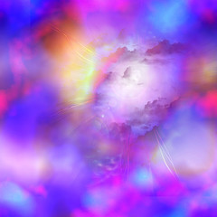 Abstract background resembling sky with sunlight and clouds. Blue, pink, purple, white and orange background with rays and flare