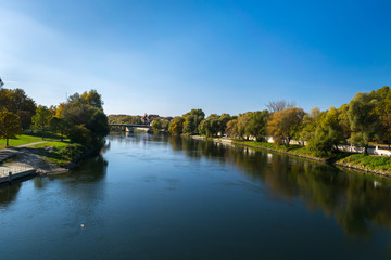 Obraz premium Wonderful autumn landscape by Danube River, Neues Schloss Castle, Ingolstadt, Germany, Bavaria, Europe