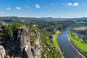 Fototapeta na wymiar Panoramic view from the Bastei over the Elbe valley, Elbe Sandstone Mountains, Rathen, Saxon Switzerland National Park, Nationalpark Sachsische Schweiz, Germany, Europe