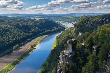 Fototapeta na wymiar Panoramic view from the Bastei over the Elbe valley, Elbe Sandstone Mountains, Rathen, Saxon Switzerland National Park, Nationalpark Sachsische Schweiz, Germany, Europe