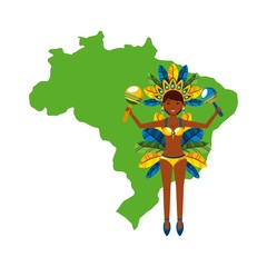 cartoon brazilian woman dancer icon over green country map and white  background. brazil culture concept. colorful design. vector illustration
