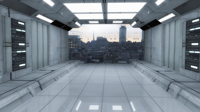 Futuristic hall spaceship interior architecture