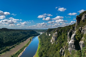 Panoramic view from the Bastei over the Elbe valley, Elbe Sandstone Mountains, Rathen, Saxon Switzerland National Park, Nationalpark Sachsische Schweiz, Germany, Europe