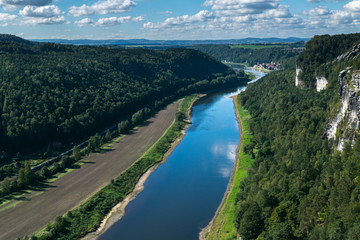 Panoramic view from the Bastei over the Elbe valley, Elbe Sandstone Mountains, Rathen, Saxon Switzerland National Park, Nationalpark Sachsische Schweiz, Germany, Europe