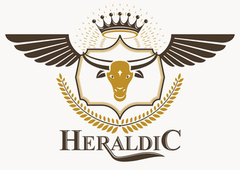 Vintage decorative heraldic vector emblem composed with bull hea