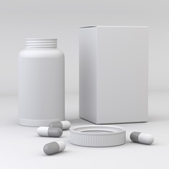 Opened plastic pill bottle and packaging box with pills