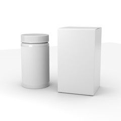 Closed plastic pill bottle and packaging box