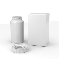 Opened plastic pill bottle and packaging box