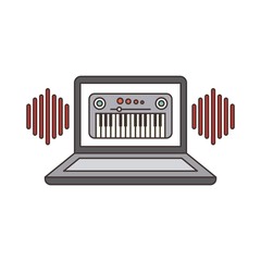 Obraz premium laptop computer with piano instrument icon on screen over white background. music and technology design. vector illustration