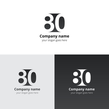 80 logo icon flat and vector design template. Monogram years numbers eight and zero. Logotype eighty with black-black gradient color. Creative vision concept logo, elements, sign, symbol.