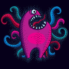 Character monster vector flat illustration, crazy purple mutant.