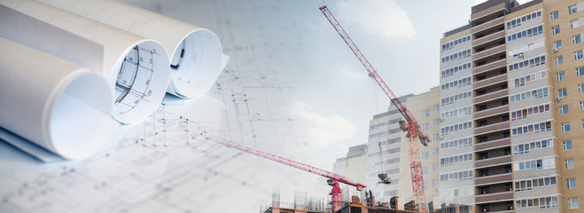 Collage with construction plans, cranes and buildings