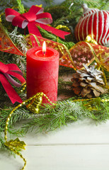 New Year and Christmas background with candles decorated Christmas tree