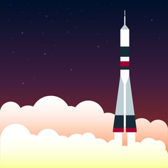 Spacecraft Vector illustration Start the spacecraft flight on starry sky Flat design