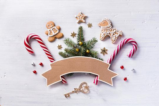 Christmas gift composition. Christmas holiday sweets and fir tre