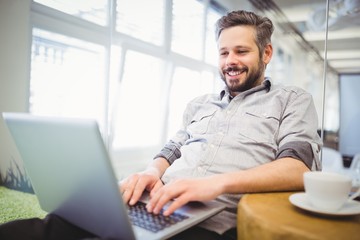 Smiling businessman working on laptop in office