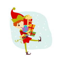 Elf boy carries boxes with gifts. Vector character