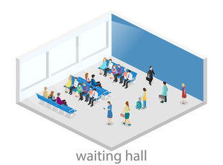 Isometric flat 3D concept vector interior of waiting room in airport .