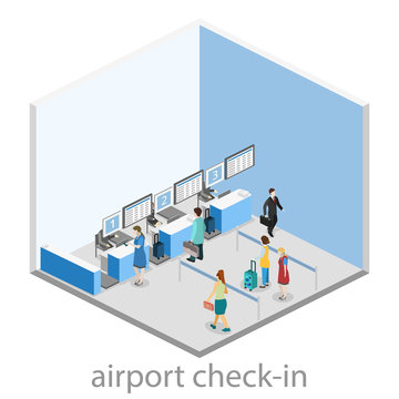 Isometric flat 3D vector interior of airport check-in.