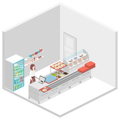 Isometric flat 3D vector interior of a coffee shop or canteen.