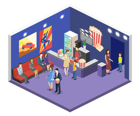 Isometric flat 3D concept vector interior of cinema waiting hall.
