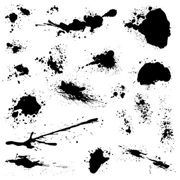 Set of black blots and ink splashes isolated on white background