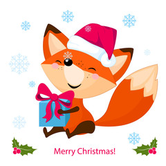 Merry Christmas! Cute happy fox holding a gift in Christmas. Christmas elements for your festive card isolated on white background. Vector illustration