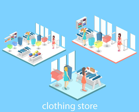 Isometric infographic flat 3D interior of clothing store inside.