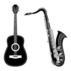 Saxophone and acoustic guitar. Vector illustration, isolated on a white background.Vintage label, illustration, logotype.