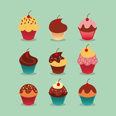 cartoon cupcakes sweet dessert icon set over green background. colorful design. vector illustration