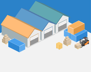 Isometric flat 3D concept vector warehouse outside.
