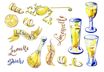 Traditional Italiannhomemade lemon liqueur limoncello. A large set of isolated  elements- carafe of limoncello, peel, slice, label, in sketch style. Hand drawn watercolor painting on white background. - obrazy, fototapety, plakaty