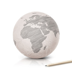 Shade Europe map on paper globe on white background