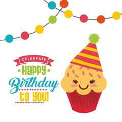 happy birthday card with sweet cupcake icon. colorful design. vector illustration