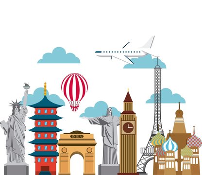 iconics monuments of the world and airplane and balloon icon over white background. colorful design. vector illustration