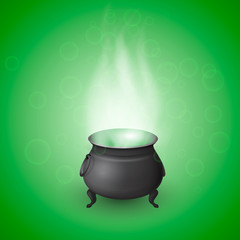 Cartoon Halloween witch cauldron with potion and realistic flames on green background with bubbles. Black pot with bubbling magic brew. Vector illustration.