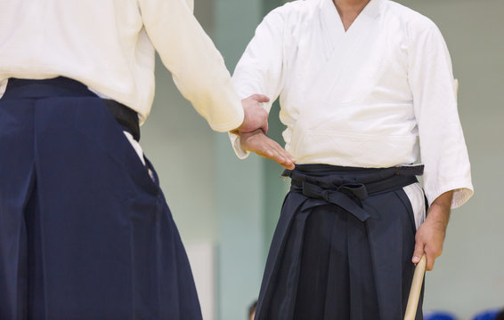 Two people practice Aikido on martial arts training
