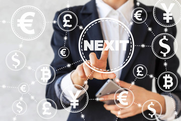 Businessman presses icon initiates output Netherlands from european union on background of network currency sign. Businesswoman touched nexit sign. Collapse EU. European Union, referendum, exit, vote.