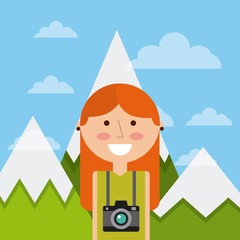 cartoon woman smiling with camera device around her neck over mountains landscape. colorful design. vector illustration