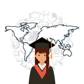 cartoon graduate woman with graduation gown and hat icon over world map background. colorful design. vector illustration