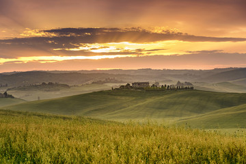 typical Tuscan landscape with rolling hills at the sunset