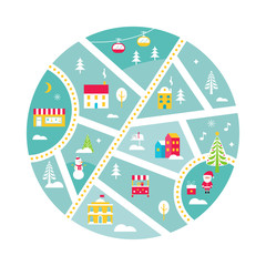 Winter Holidays Town Map with Snow, Santa, Fair, Food Truck and Cable Cars