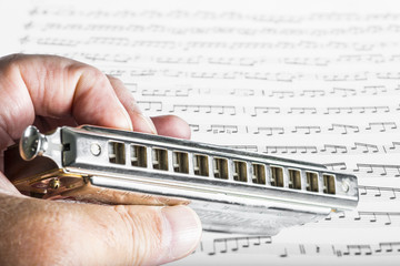 harmonica chromatique sur fond de papier à musique