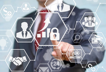 Businessman presses button security chart with lock on touch virtual screen. Safety diagram graph concept. Man in suit click on chart sign on background of business success icon. Teamwork support deal